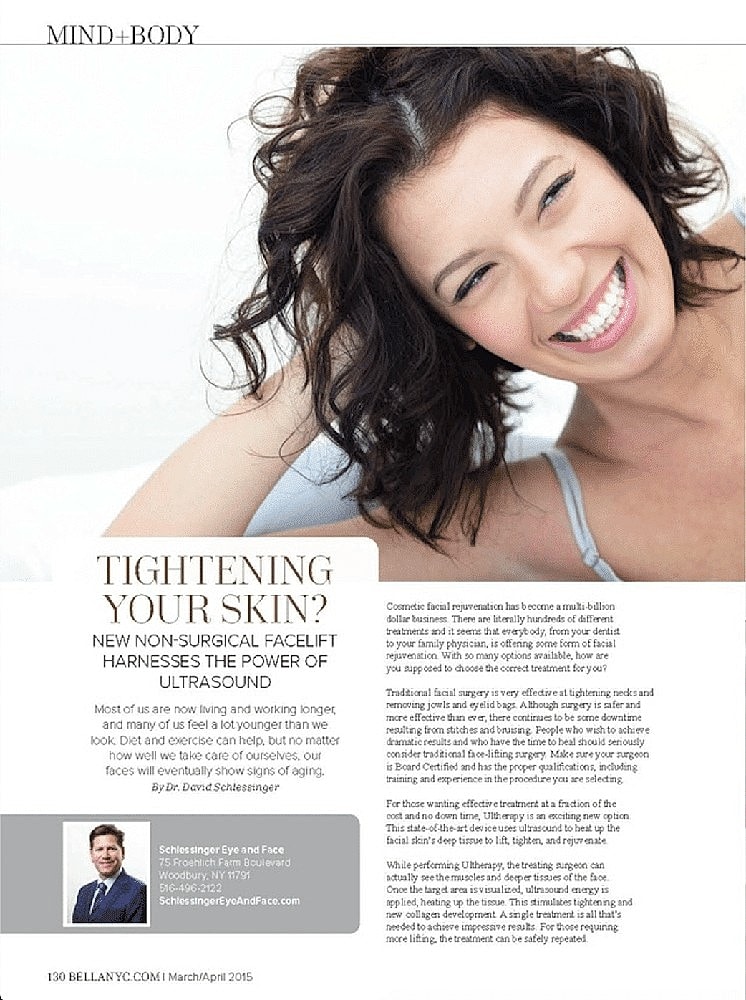 Smiling woman promoting non-surgical facelift article.
