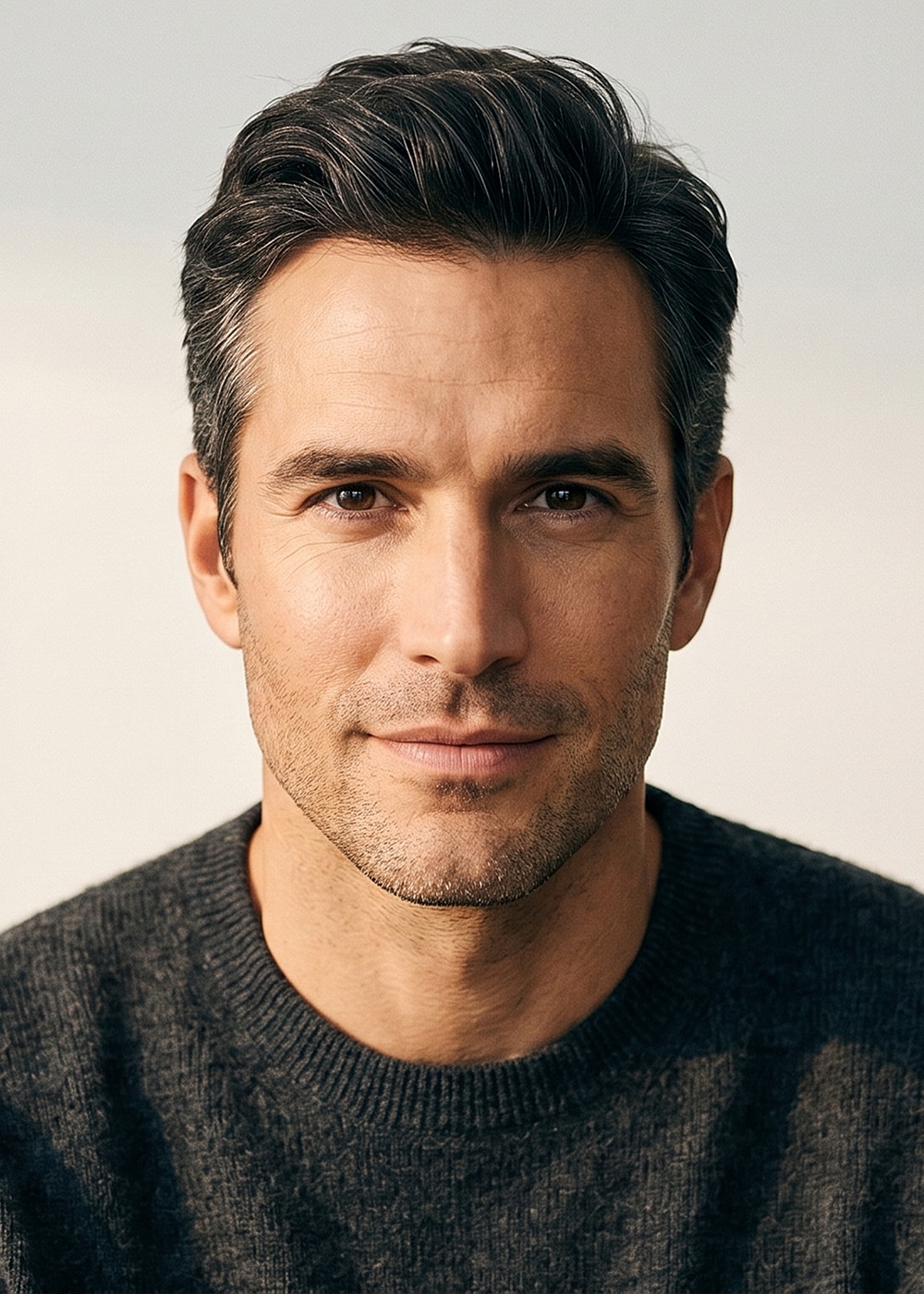 Smiling man with short dark hair, wearing sweater.