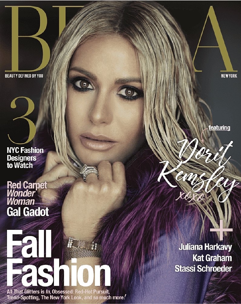 Magazine cover featuring Dorit Kemsley and fashion themes.