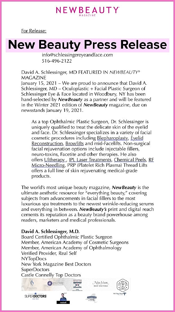 New Beauty magazine press release featuring David Schlessinger.