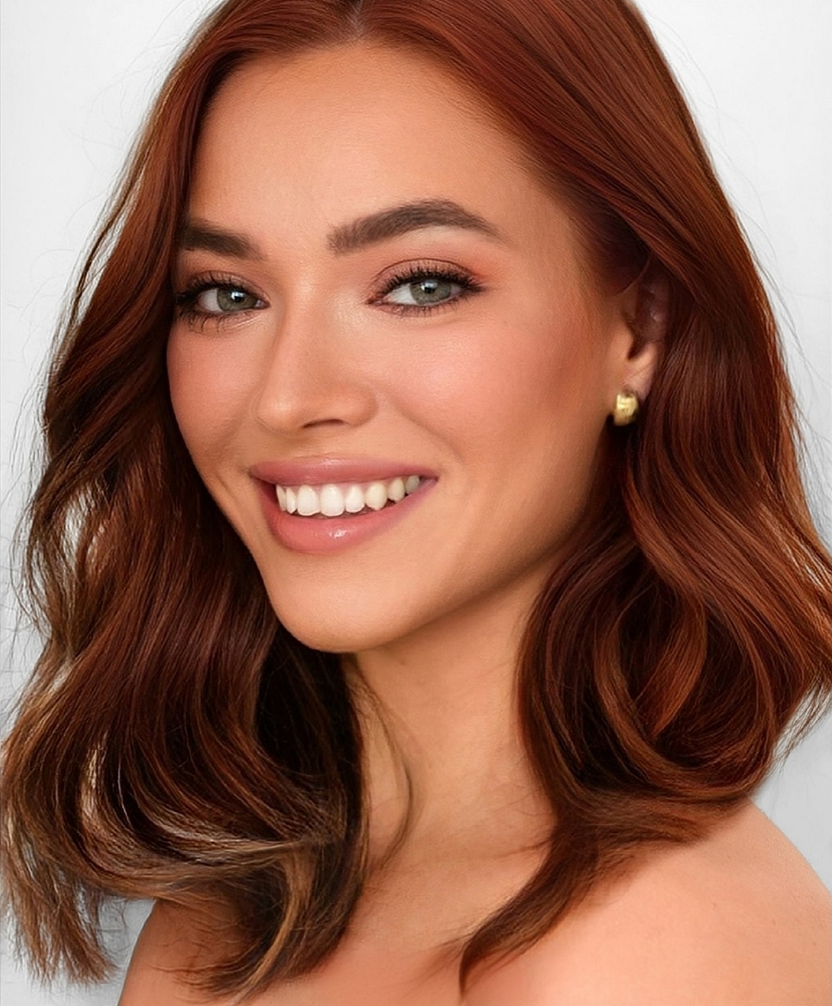 Smiling woman with wavy red hair.