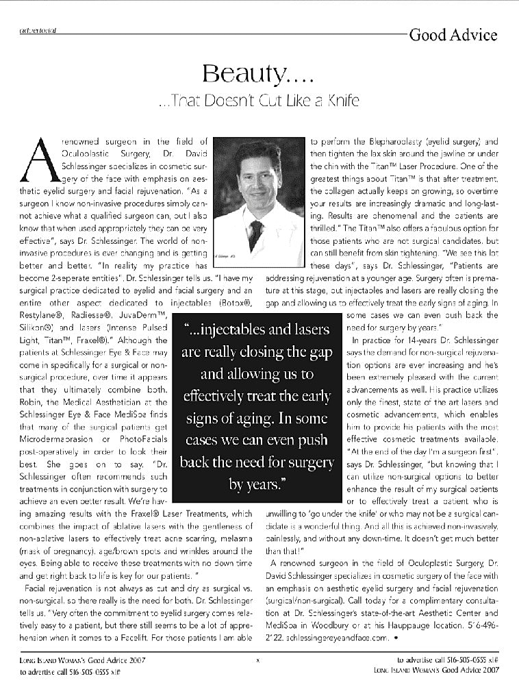 Cosmetic surgery article featuring Dr. David Schlessinger.