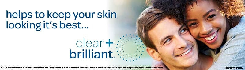 Couple smiling, promoting clear and brilliant skin.